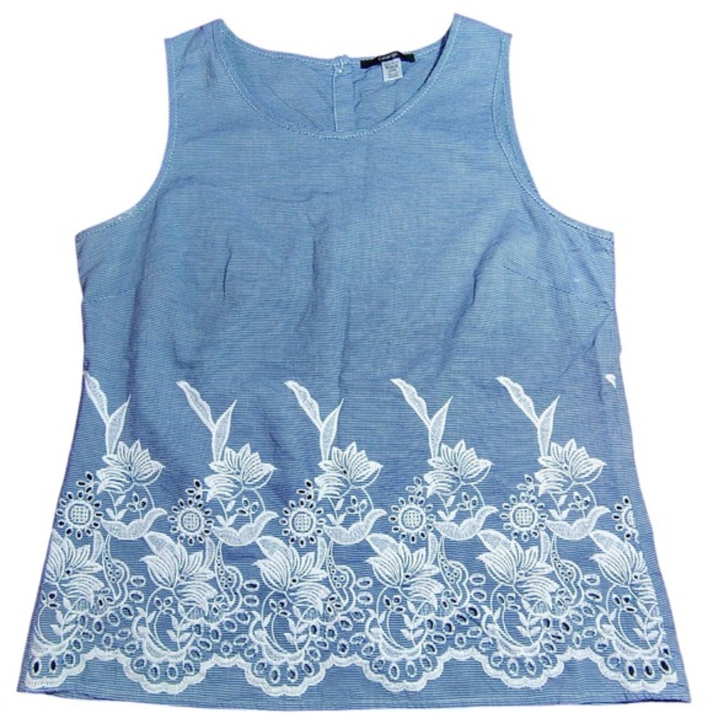 Stripe Embroidered Lace Trim Sleeveless Top Women US 12 UK 16 boho coastal chic